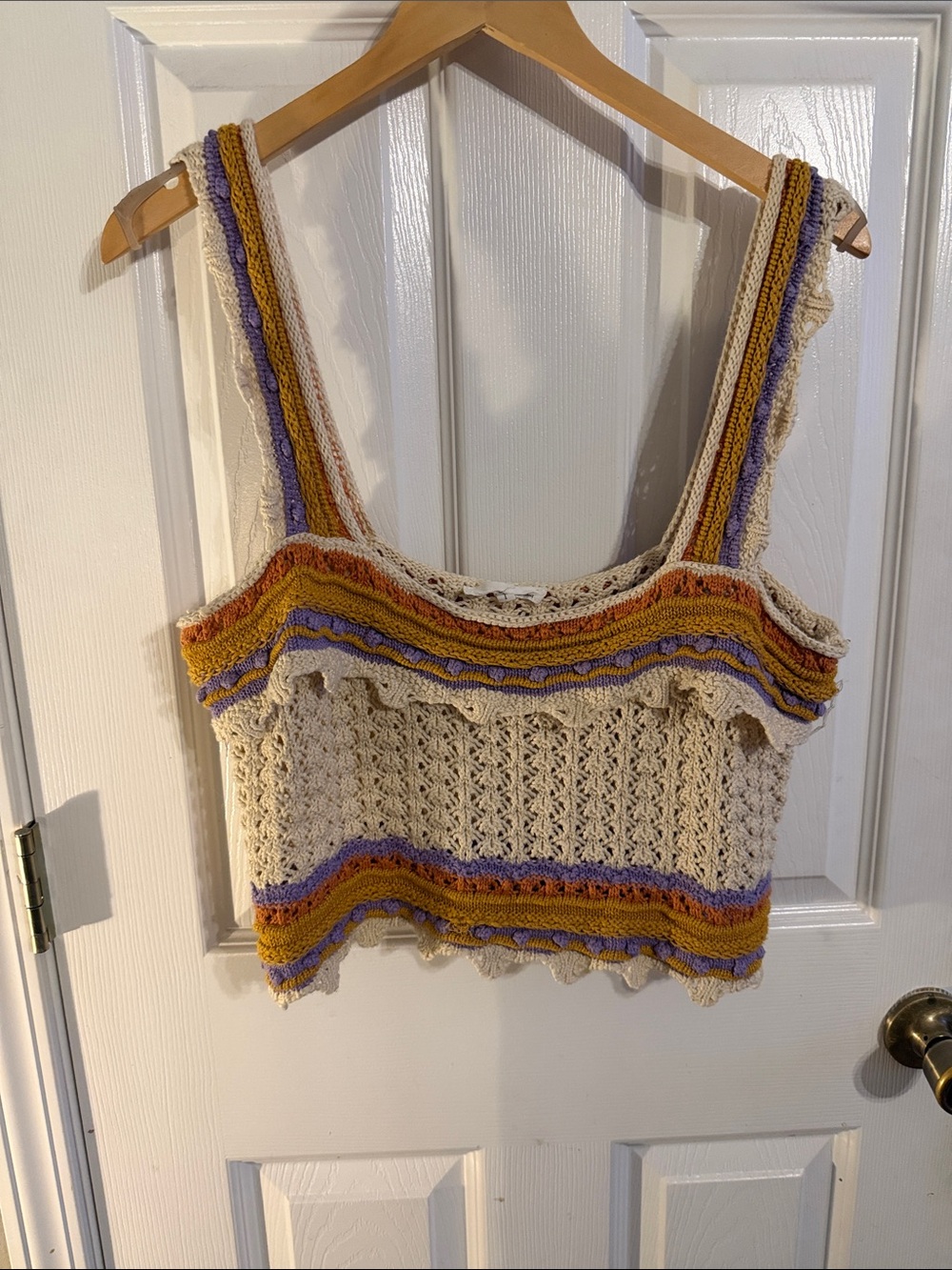 june & hudson Cream Crochet Crop Tank with Mustard and Lavender Stripes
